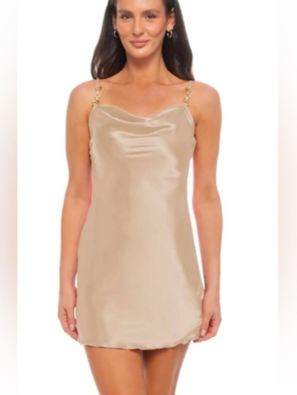 NWT Jump Apparel Champagne Satin Cowl Mini Dress Chain Straps Size Small